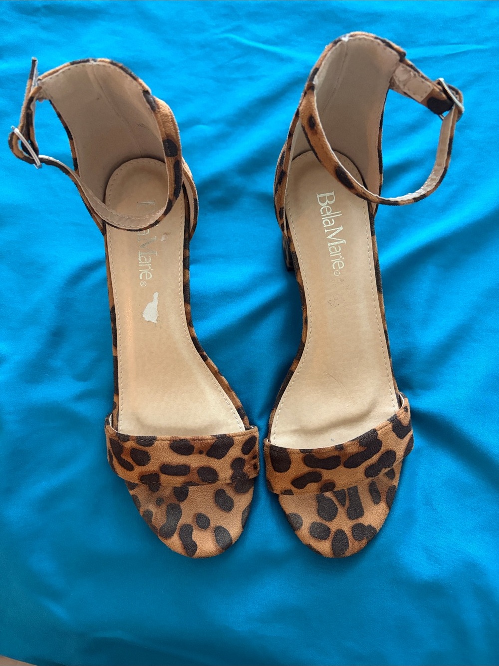 Bella Marie Leopard Print Ankle-Strap Block Heels in Tan and Brown Size 7
